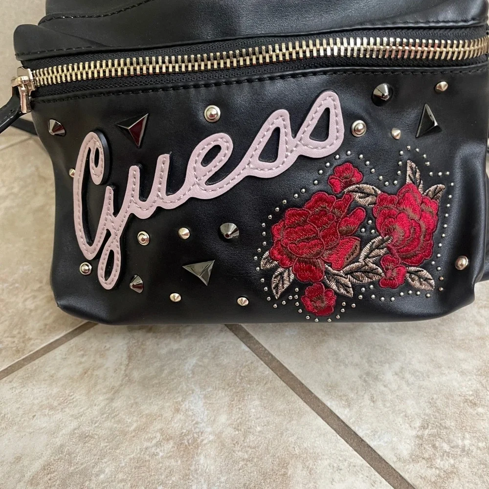 Guess Womens Black Faux Leather Floral Embroidered Studded Backpack Y2K euc